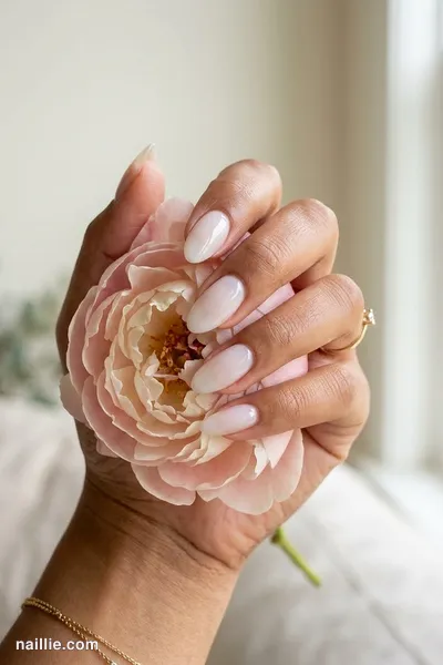 Close-up of almond nails with milky white polish and a glossy see-through jelly finish — look 3