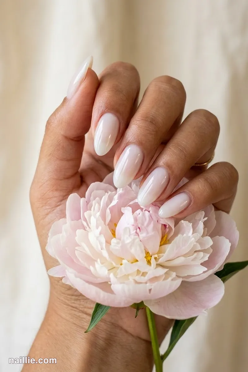 Close-up of almond nails with milky white polish and a glossy see-through jelly finish