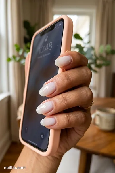 Close-up of oval nails with milky white polish and a glossy see-through jelly finish — look 2