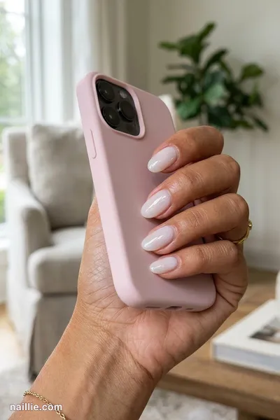 Close-up of oval nails with milky white polish and a glossy see-through jelly finish — look 3