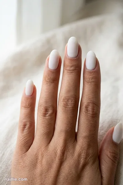 Close-up of oval nails with milky white polish and a soft matte top coat — look 2