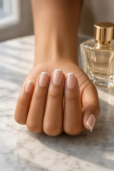 Close-up of short square nails with ultra-thin milky white micro French tips