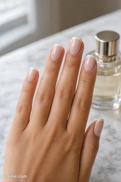 Close-up of short square nails with ultra-thin milky white micro French tips — look 2