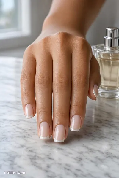 Close-up of short square nails with ultra-thin milky white micro French tips — look 3