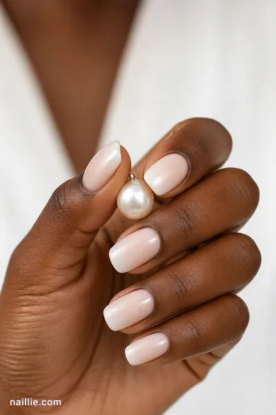 Close-up of short square nails with a milky white ombre fading into nude