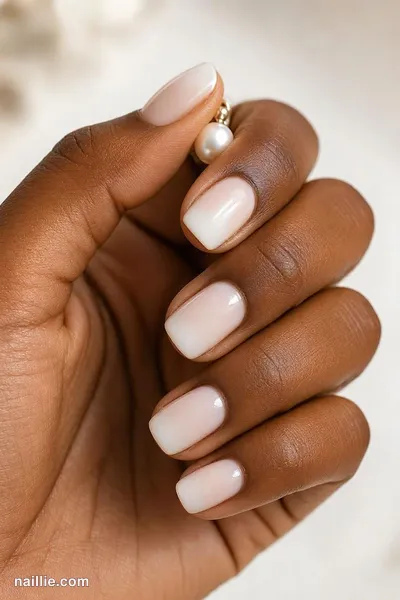 Close-up of short square nails with a milky white ombre fading into nude — look 2