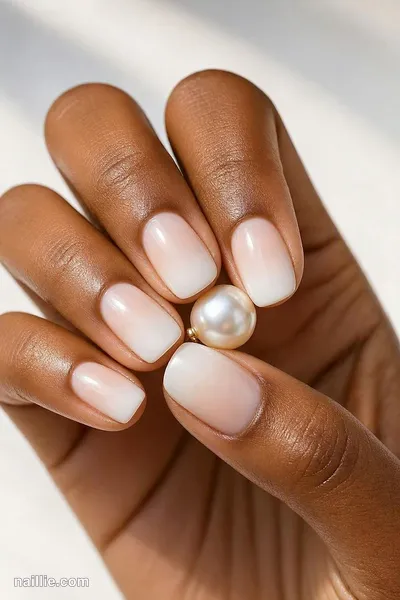 Close-up of short square nails with a milky white ombre fading into nude — look 3