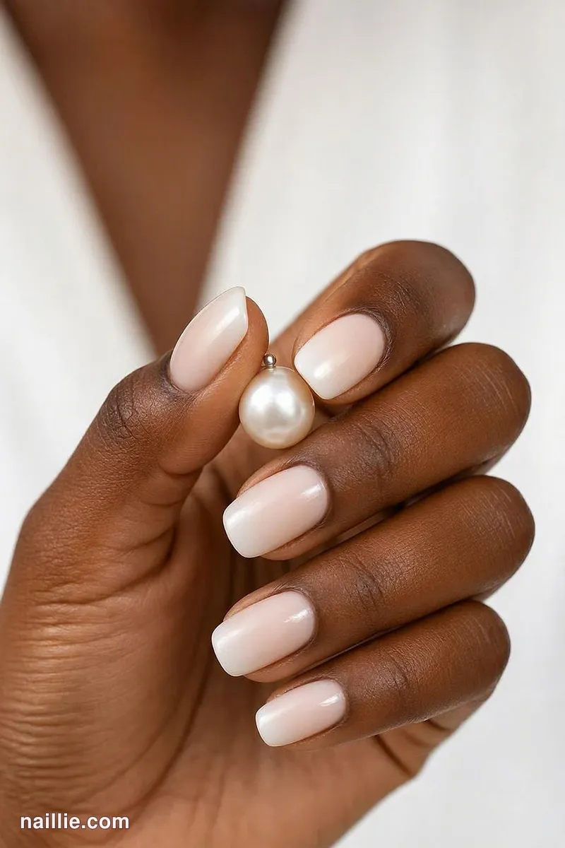 Close-up of short square nails with a milky white ombre fading into nude