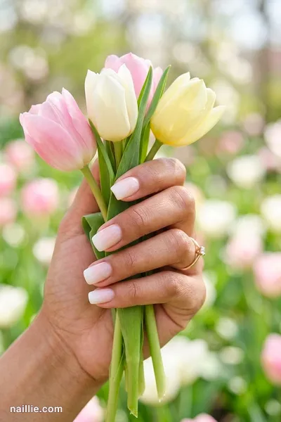Close-up of short square nails with a milky white ombre fading into nude — look 3