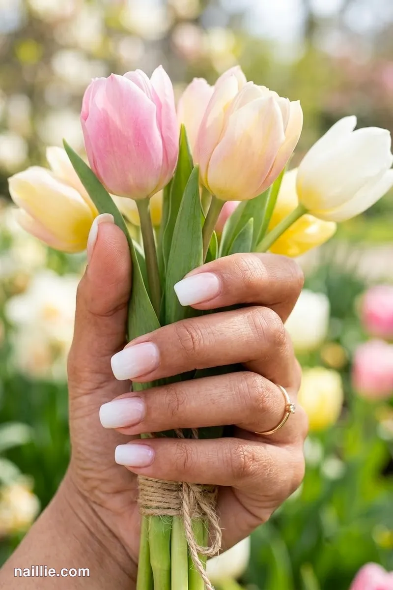 Close-up of short square nails with a milky white ombre fading into nude
