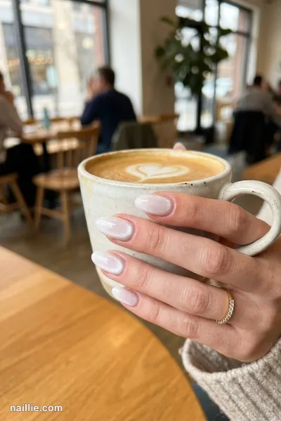 Close-up of oval nails with milky white polish and a soft velvet shimmer — look 2