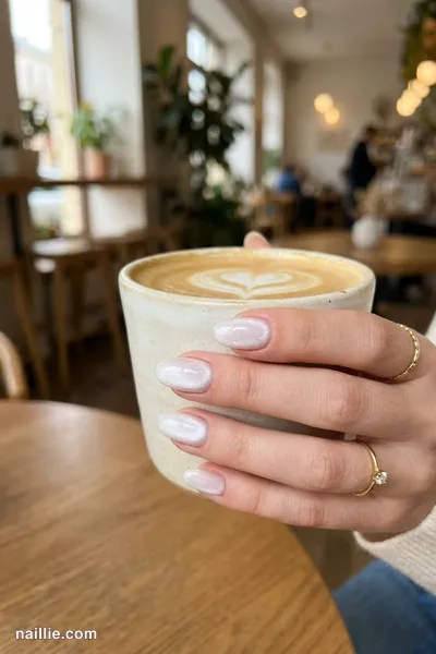 Close-up of oval nails with milky white polish and a soft velvet shimmer — look 3