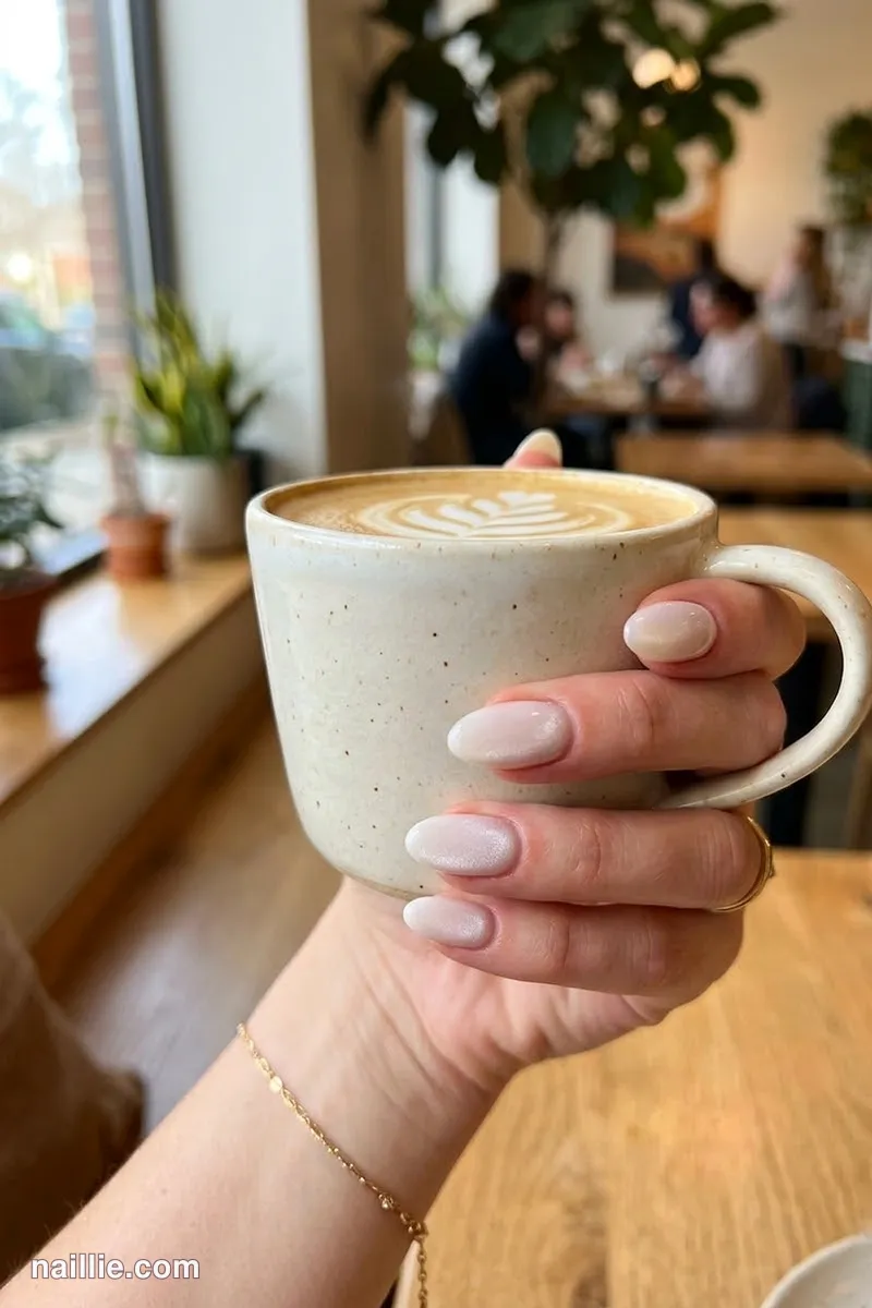 Close-up of oval nails with milky white polish and a soft velvet shimmer