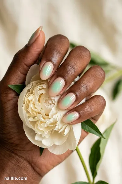 Close-up of oval nails with a glowing mint aura in the center — look 2