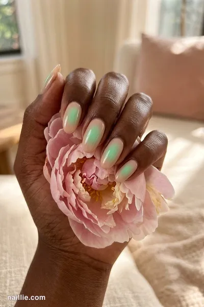 Close-up of oval nails with a glowing mint aura in the center — look 3