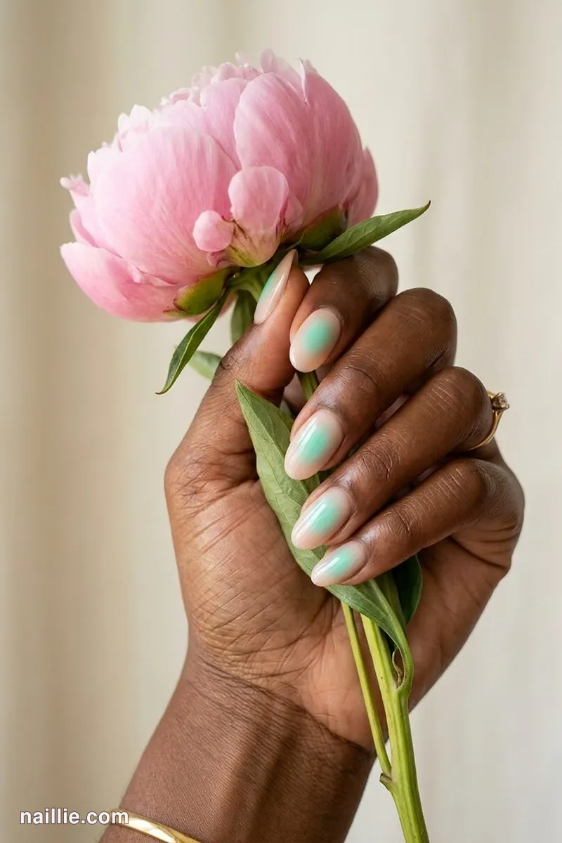 Close-up of oval nails with a glowing mint aura in the center