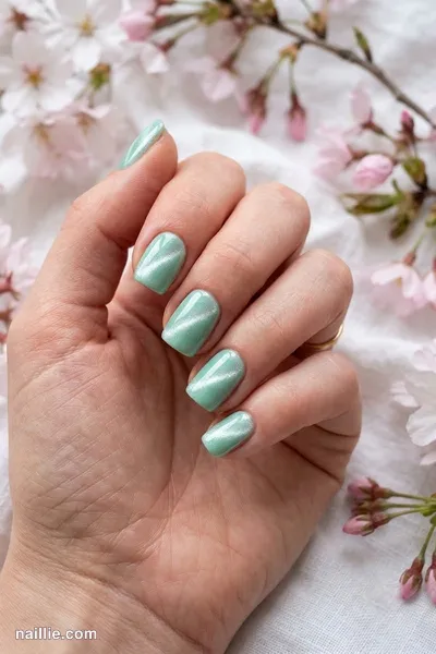 Close-up of short square nails with mint polish and a shimmering magnetic cat eye effect