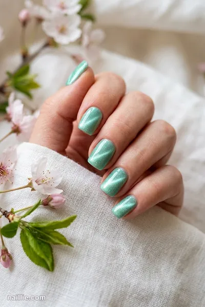 Close-up of short square nails with mint polish and a shimmering magnetic cat eye effect — look 2