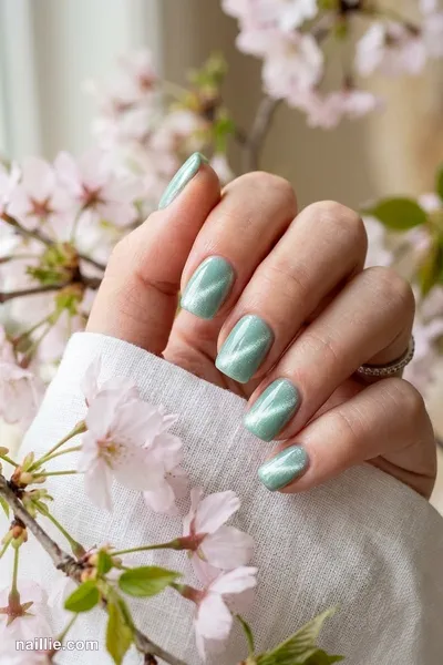 Close-up of short square nails with mint polish and a shimmering magnetic cat eye effect — look 3