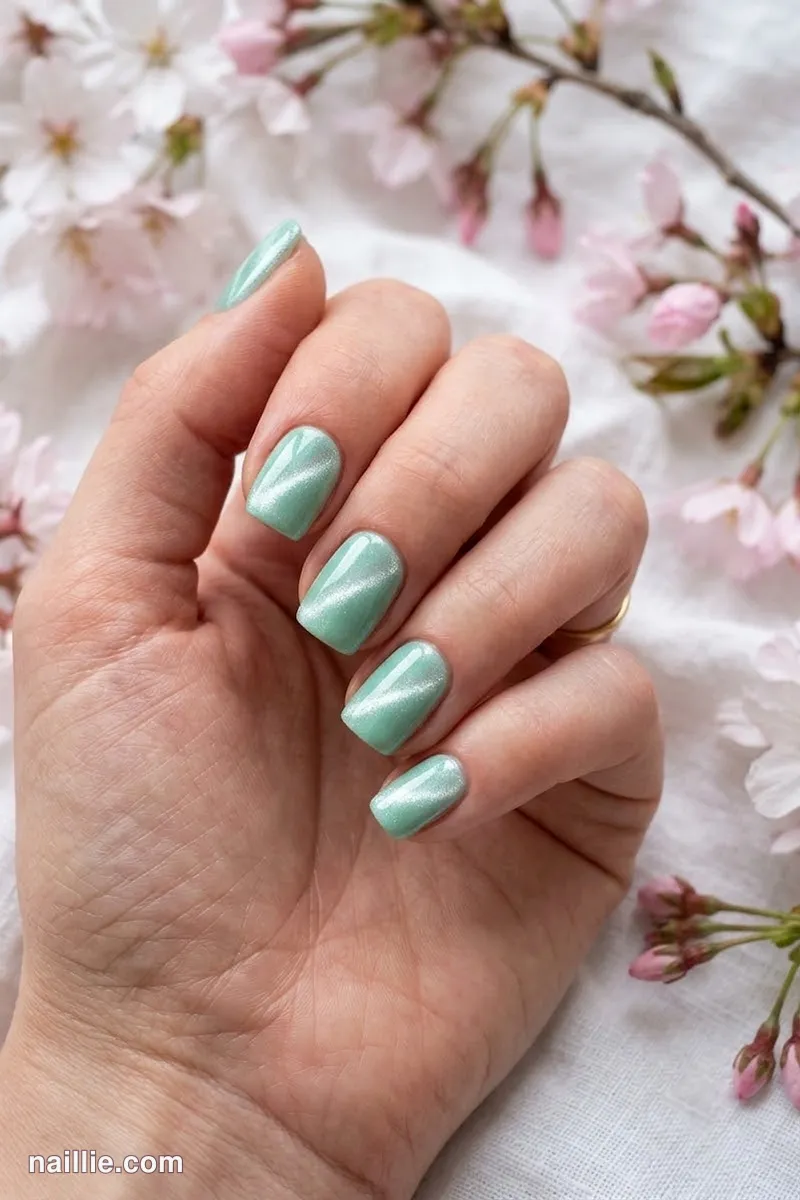 Close-up of short square nails with mint polish and a shimmering magnetic cat eye effect
