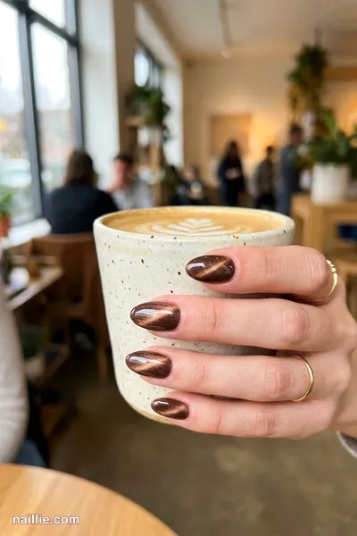 Close-up of short almond nails with mocha polish and a shimmering magnetic cat eye effect — look 2