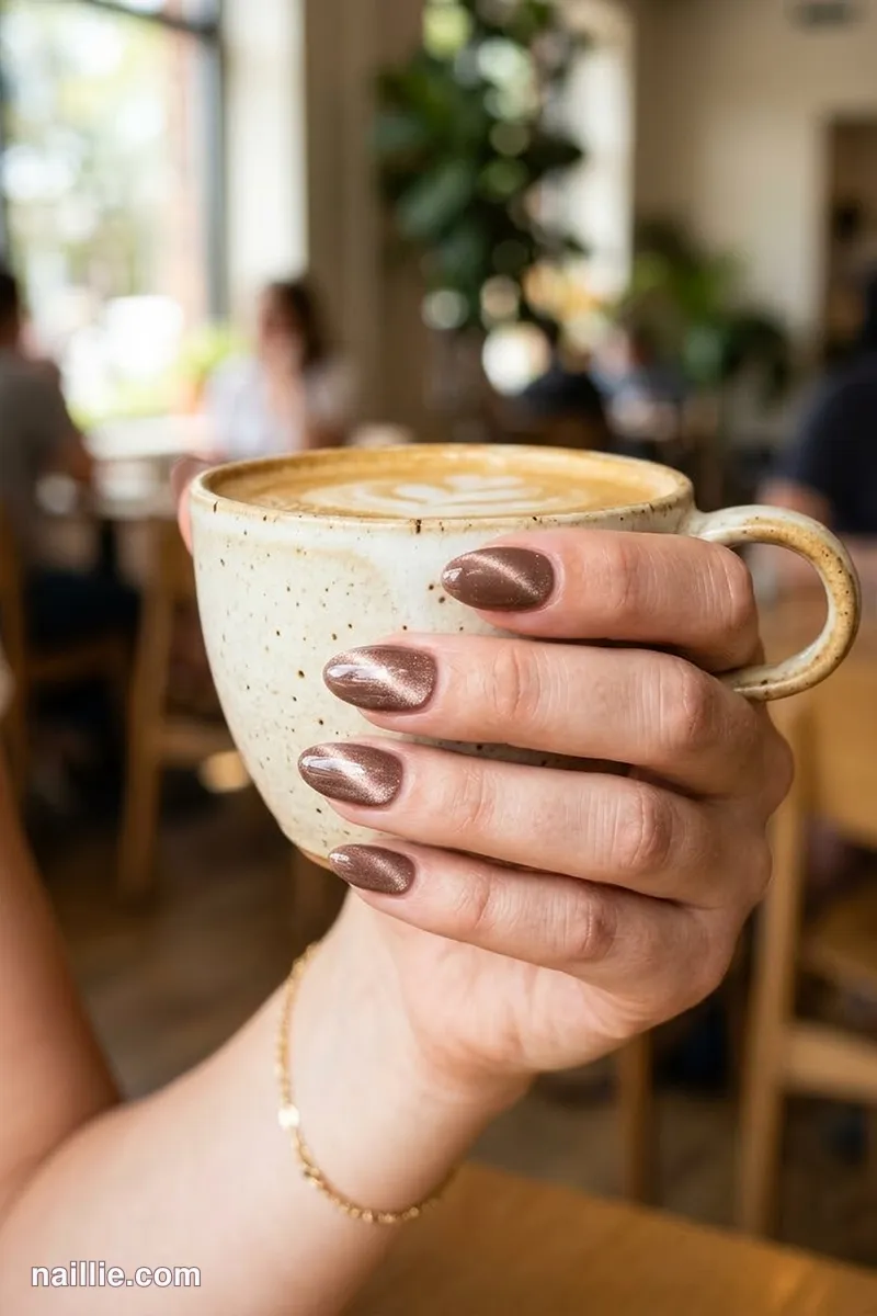 Close-up of short almond nails with mocha polish and a shimmering magnetic cat eye effect