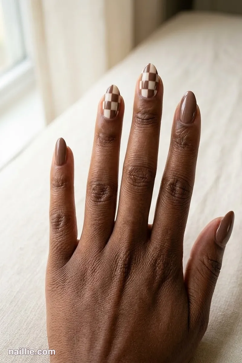 Close-up of almond nails with a mocha and cream checkerboard