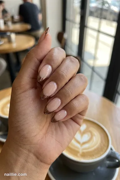 Close-up of almond nails with mocha chrome French tips — look 2