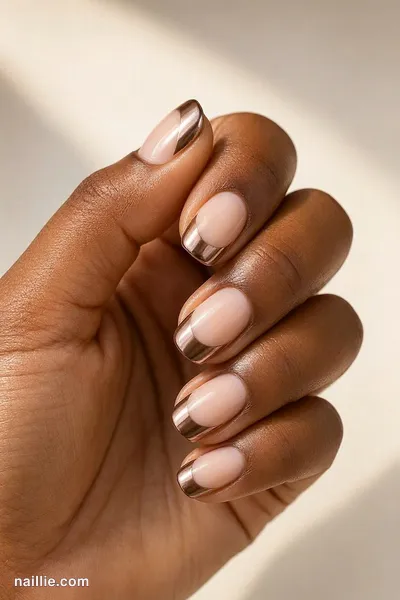 Close-up of short square nails with mocha chrome French tips
