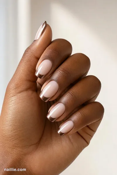 Close-up of short square nails with mocha chrome French tips — look 2