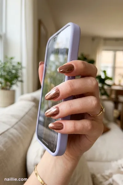Close-up of oval nails with mocha polish and a mirror-like chrome finish — look 3