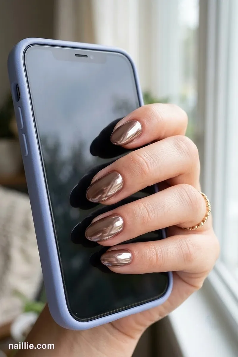 Close-up of oval nails with mocha polish and a mirror-like chrome finish