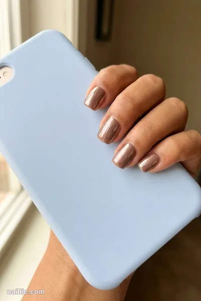Close-up of short square nails with mocha polish and a mirror-like chrome finish — look 2