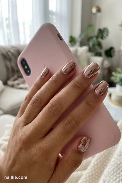 Close-up of short square nails with mocha polish and a mirror-like chrome finish — look 3