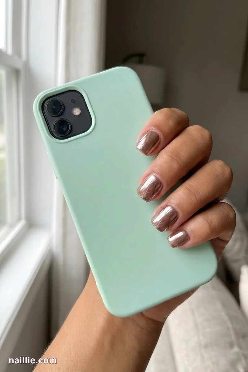 Close-up of short square nails with mocha polish and a mirror-like chrome finish