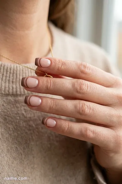 Close-up of short square nails with a mocha double French line — look 2