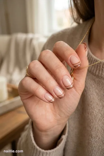 Close-up of short square nails with a mocha double French line — look 3