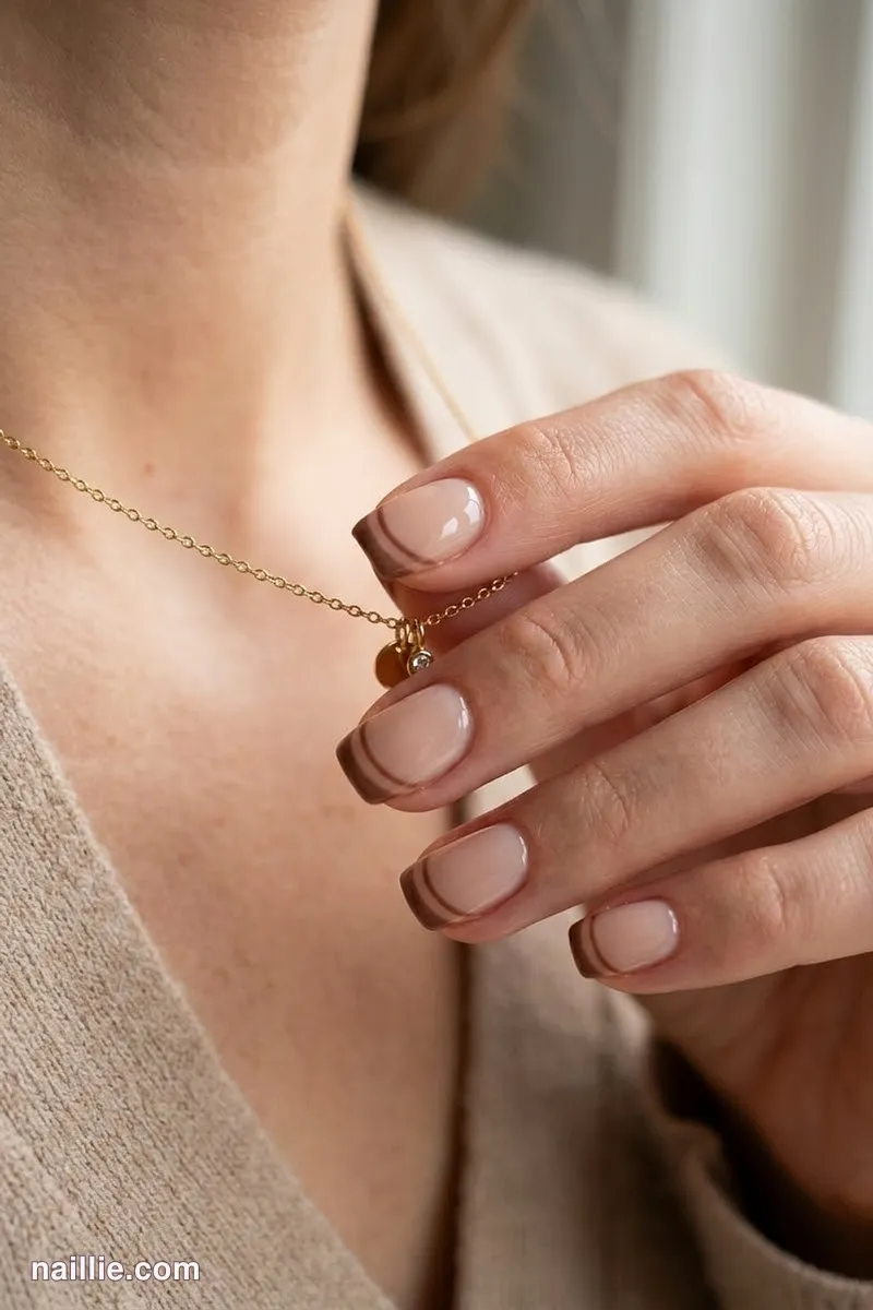 Close-up of short square nails with a mocha double French line