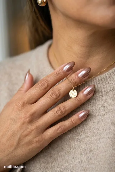 Close-up of almond nails with mocha polish and a pearly glazed-donut shimmer