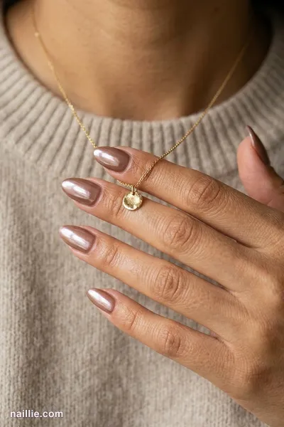 Close-up of almond nails with mocha polish and a pearly glazed-donut shimmer — look 2