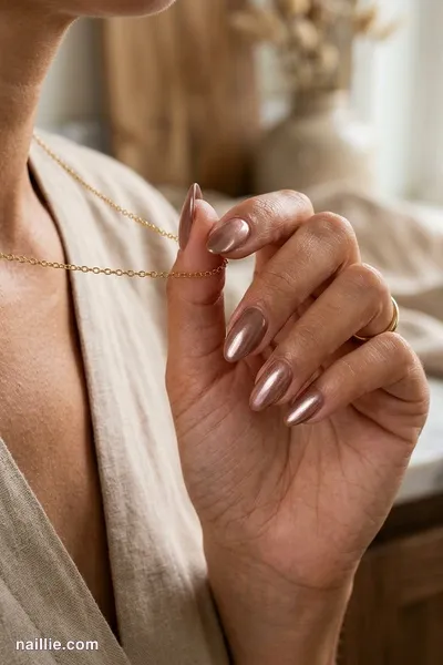 Close-up of almond nails with mocha polish and a pearly glazed-donut shimmer — look 3