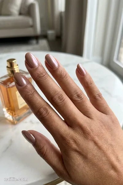 Close-up of oval nails with mocha polish and a pearly glazed-donut shimmer — look 3
