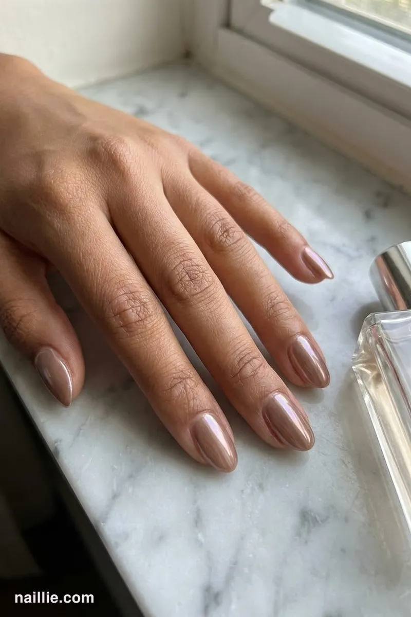 Close-up of oval nails with mocha polish and a pearly glazed-donut shimmer