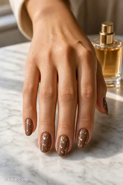Close-up of short almond nails with mocha polish and delicate gold foil flakes