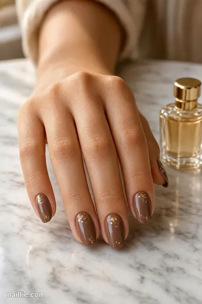 Close-up of short almond nails with mocha polish and delicate gold foil flakes — look 2