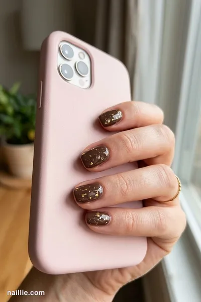 Close-up of squoval nails with mocha polish and delicate gold foil flakes — look 2