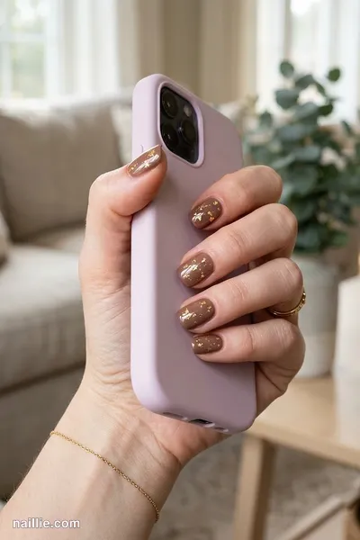 Close-up of squoval nails with mocha polish and delicate gold foil flakes — look 3