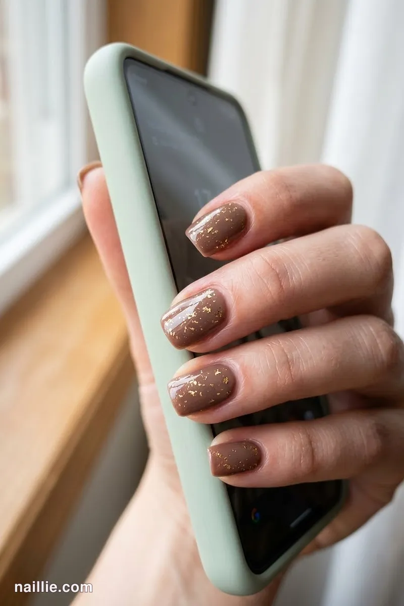 Close-up of squoval nails with mocha polish and delicate gold foil flakes