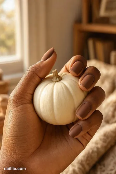 Close-up of short square nails with mocha polish and a soft matte top coat