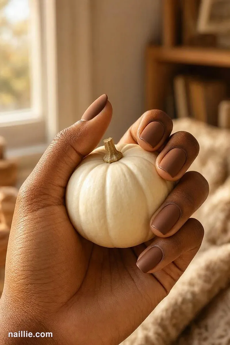 Close-up of short square nails with mocha polish and a soft matte top coat